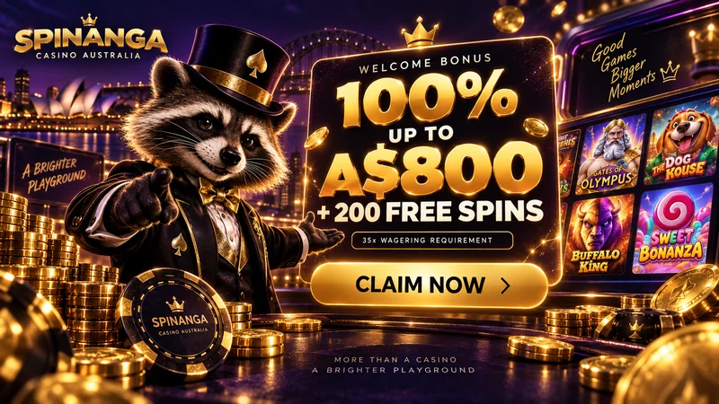 Spinanga welcome bonus of 100% up to A$800 plus 200 free spins