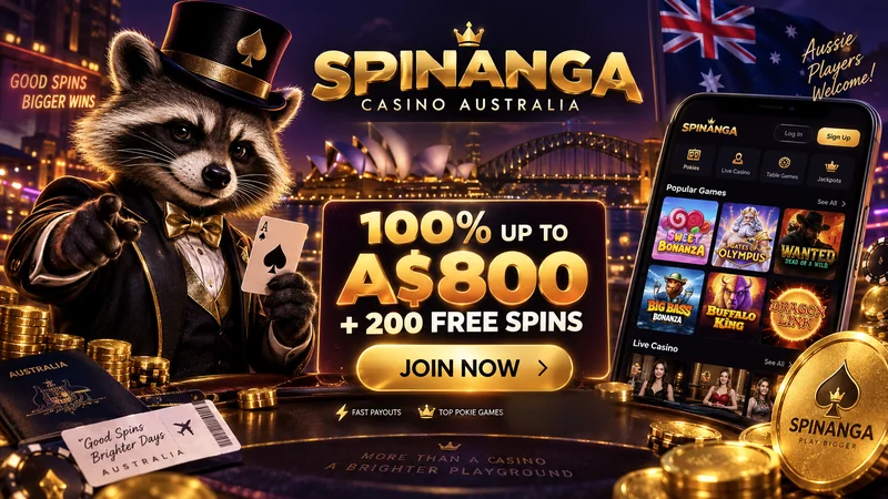 Spinanga Casino Australia banner with the raccoon mascot and the welcome offer