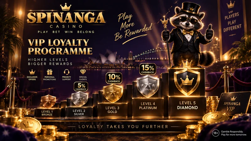 Spinanga VIP tiers with 5, 10 and 15 per cent cashback levels